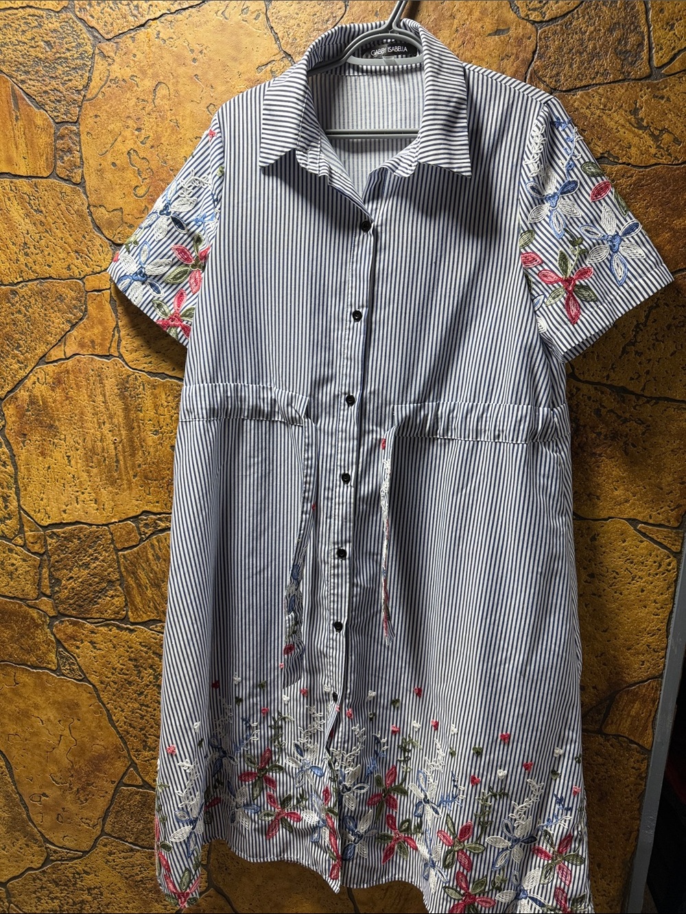 Gabby Isabella Navy & White Striped Embroidered Shirt DressP2P 19” length 45”